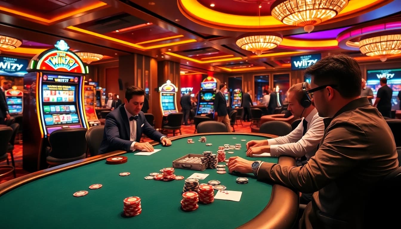 Win79 poker players at a vibrant casino table enjoying a thrilling game.