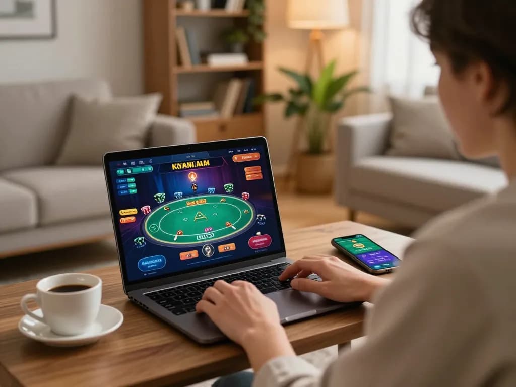 Zowin gaming on laptop in a cozy home setting, highlighting responsible gambling practices.