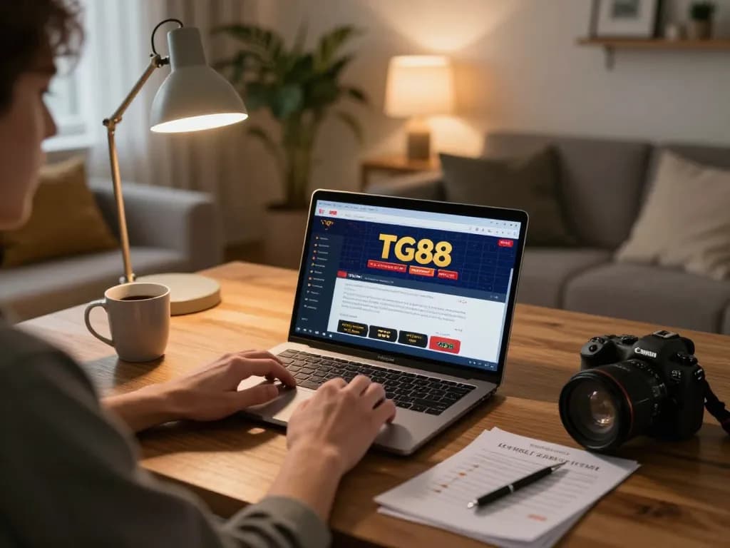 Player using TG88 online casino platform on laptop, focused on responsible gaming strategy in cozy home.