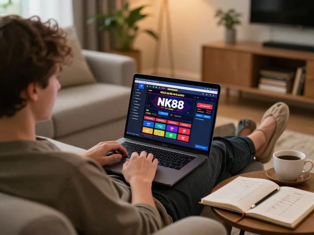 Engaging player enjoys online gaming at NK88 nhà cái through laptop in cozy home setup