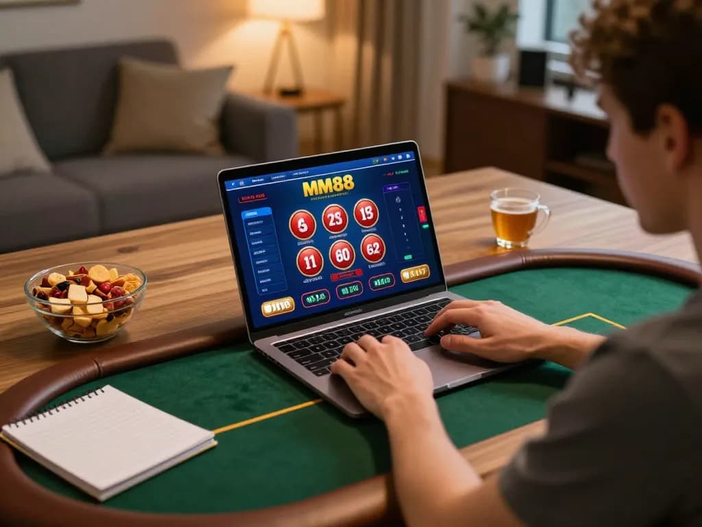 Player engaged with MM88 online casino interface, showcasing immersive gaming experience at home.