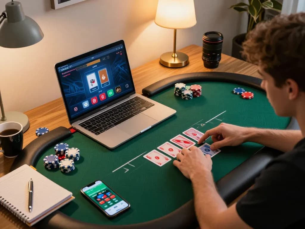 Player strategizing in nk88 online poker game at cozy home office, focused on gameplay.
