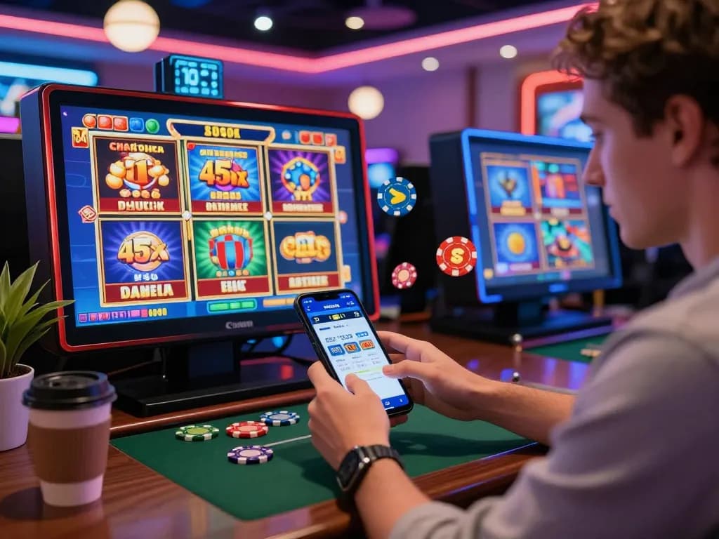 Player engaging with 45x com mobile app in colorful online casino setting, showcasing excitement and vibrant slot games.