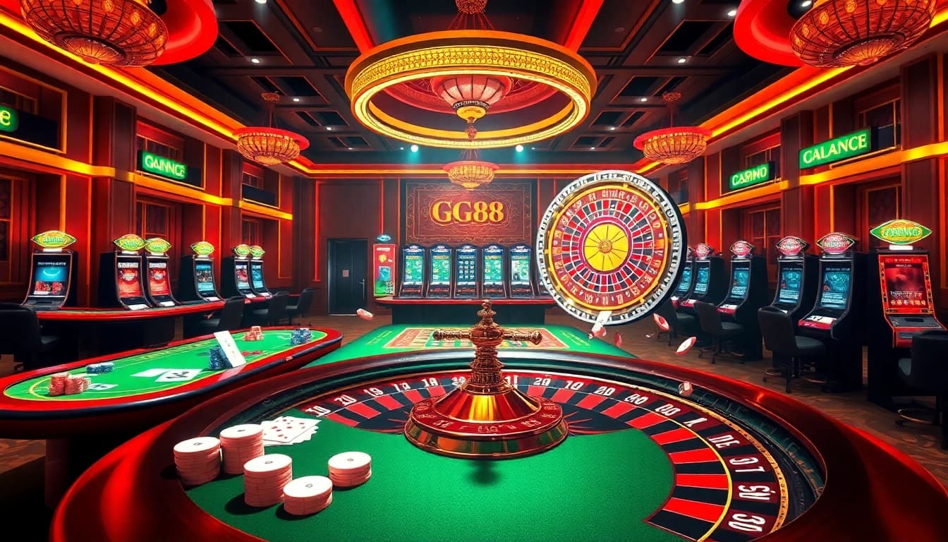 Experience the thrill of gaming with GG88 at a luxurious casino scene featuring vibrant poker tables.