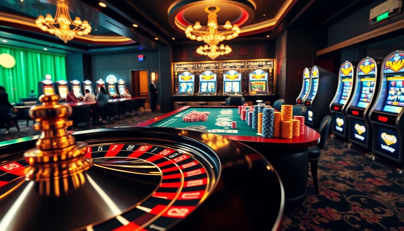 Exciting gaming action at 678VIP Casino with roulette, poker, and vibrant slot machines.
