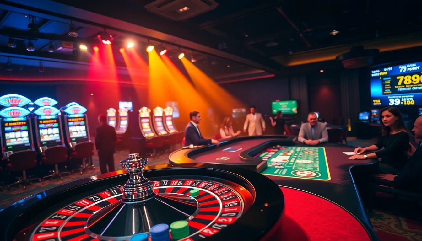 Players enjoying a thrilling casino experience at 789win with vibrant roulette and slot machines.
