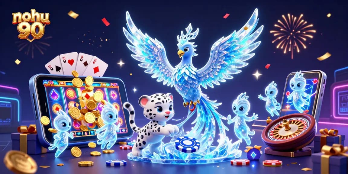 Engage with nohu 90's vibrant world of slots, featuring a cartoon phoenix, poker chip, and magical elements.
