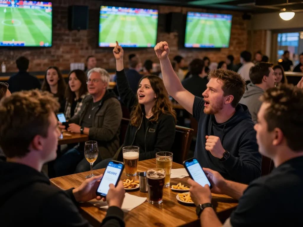 Socolive sports betting patrons engaging with multiple screens, celebrating thrilling soccer moments