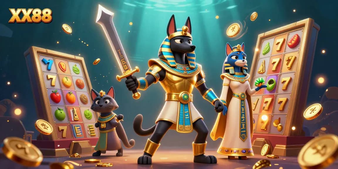 Bet on XX88 with alluring Egyptian warriors amidst vibrant slot game elements.