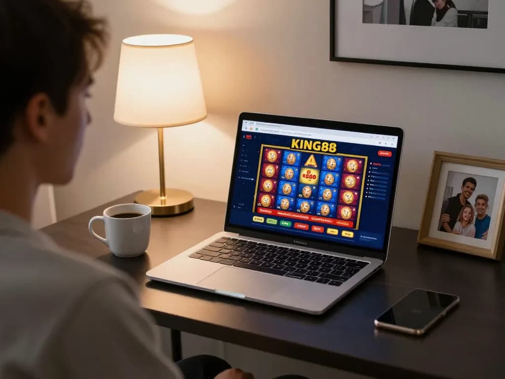 Player engaging with KING88 online casino on laptop in a cozy home setting, focusing on strategy and responsible gambling.