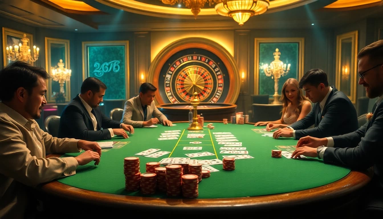 Play poker at nk88 com with friends in an exciting casino environment full of chips and cards.