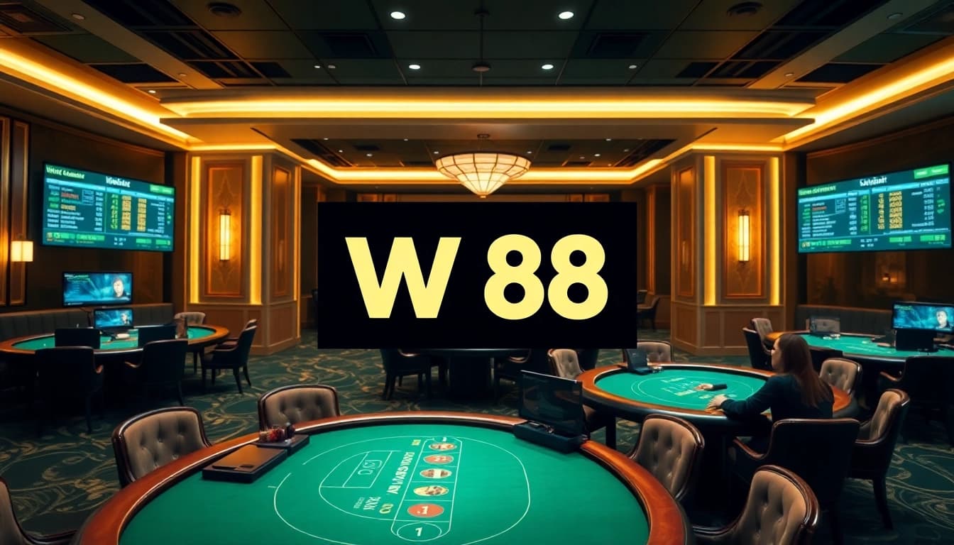 Experience thrilling gaming at w88.nyc, showcasing a luxurious casino atmosphere with Baccarat and Blackjack tables.