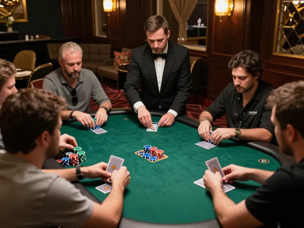 Players strategizing at a high-stakes poker game at 888top, showcasing intense gameplay and vibrant chips