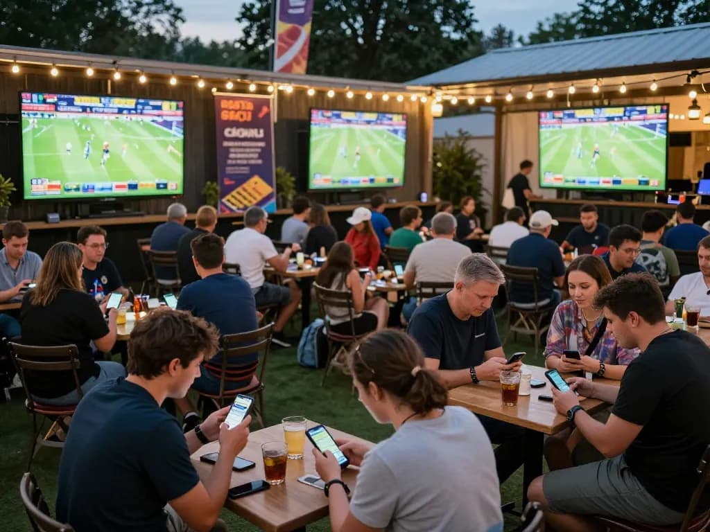 Engaged bettors enjoying keobongda at an outdoor sports betting venue with vibrant atmosphere