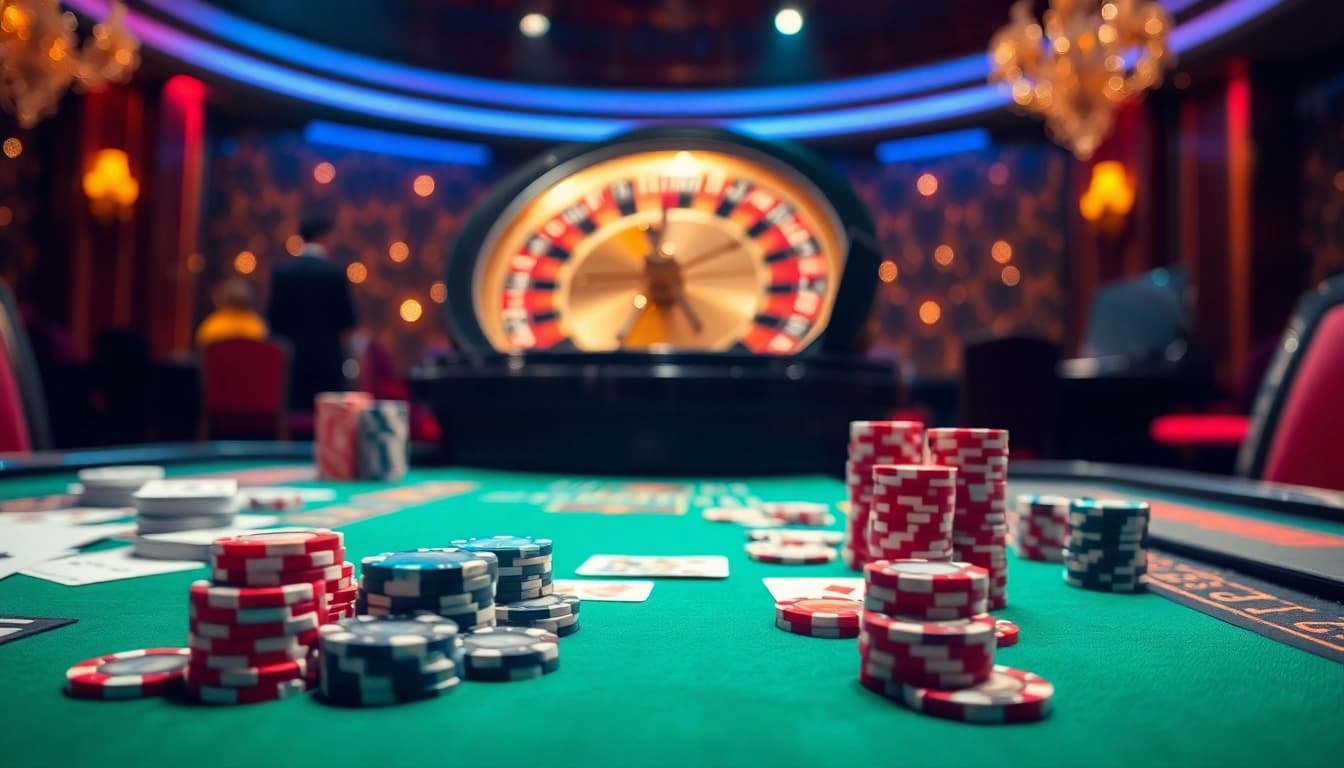 Experience the excitement of Đăng Nhập Nhà Cái 68VIP with vibrant casino visuals featuring gaming tables and high-tech interfaces.