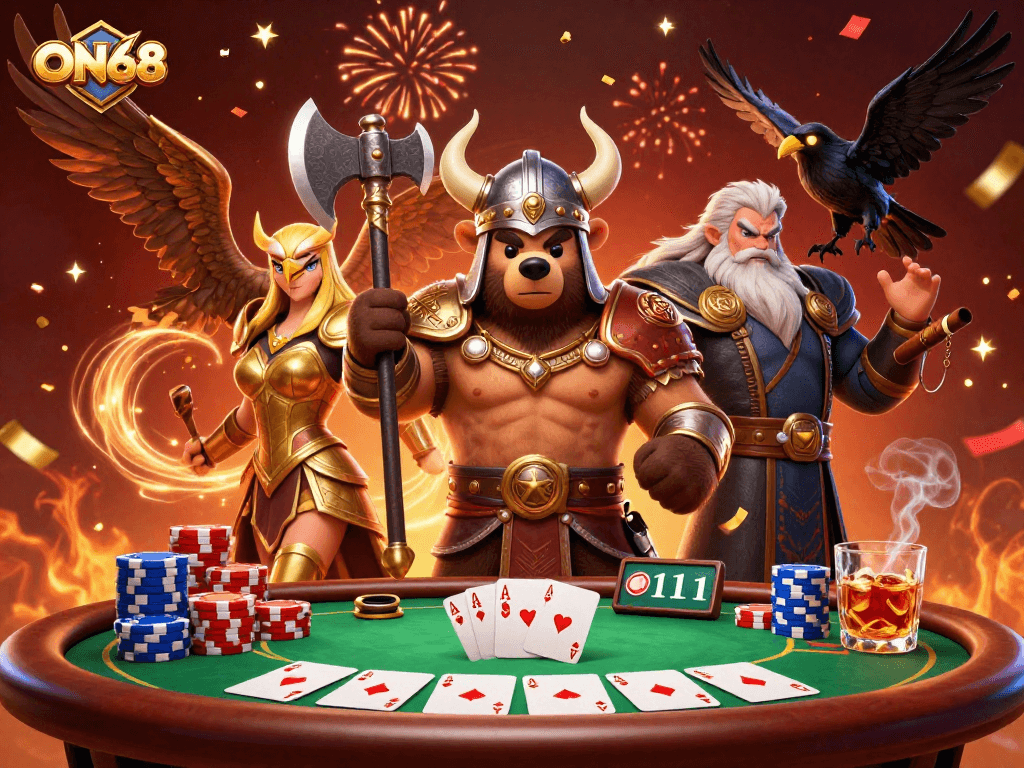 Engage with ON68’s vibrant poker scene featuring a Viking bear and a Valkyrie eagle.