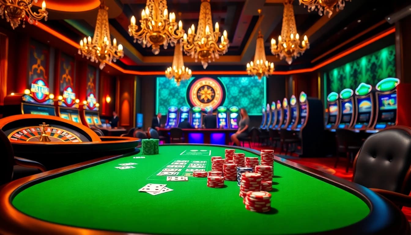 Players enjoy the thrill of gambling at an upscale casino featuring xx88 tables and vibrant slot machines.