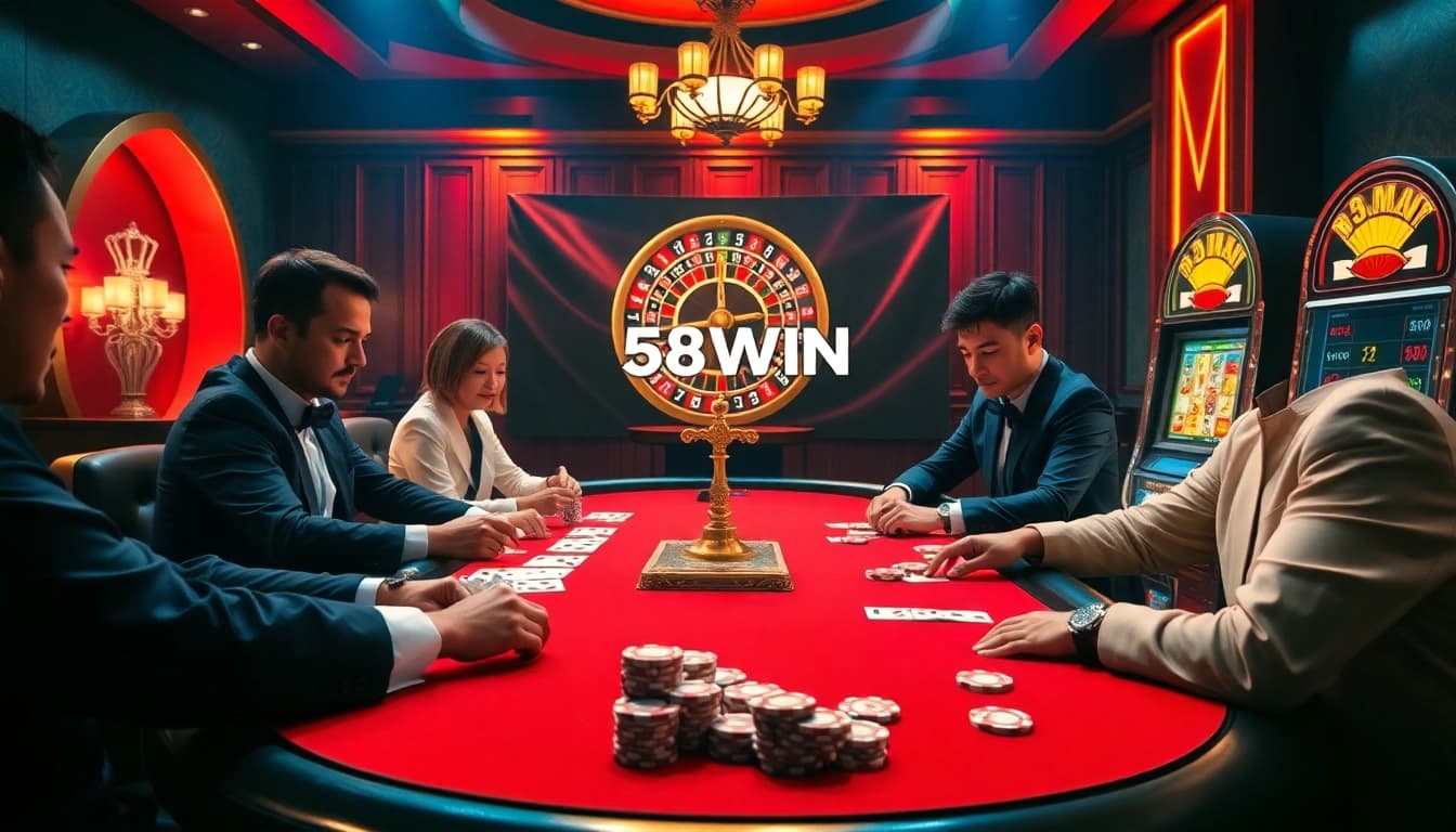 Engaging poker game at nhà cái 58WIN casino with vibrant atmosphere and exciting decor.