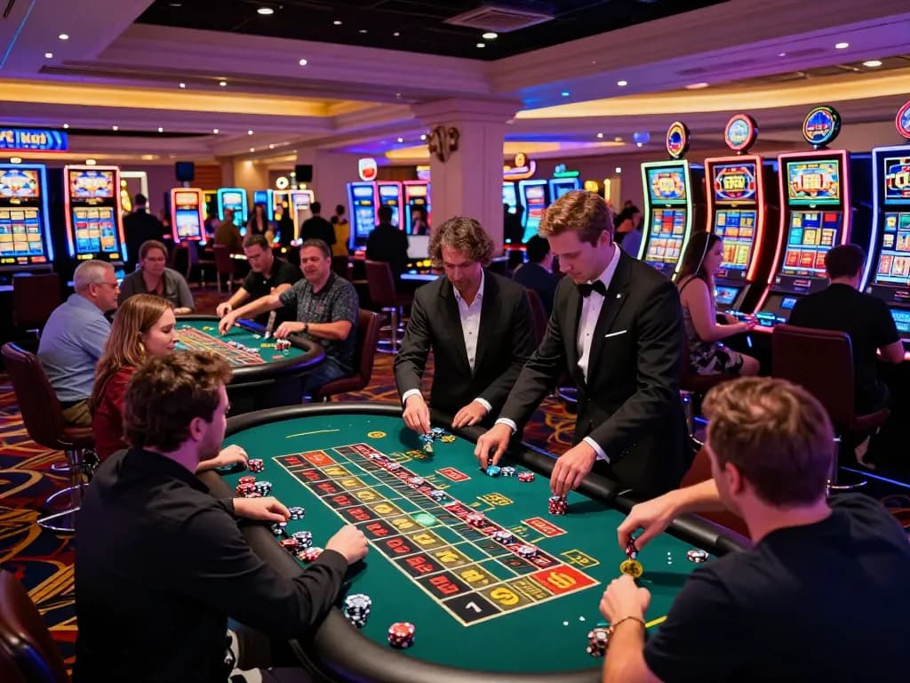 Pucuk138 betting excitement captured at a vibrant roulette table in Las Vegas, showing players placing bets.