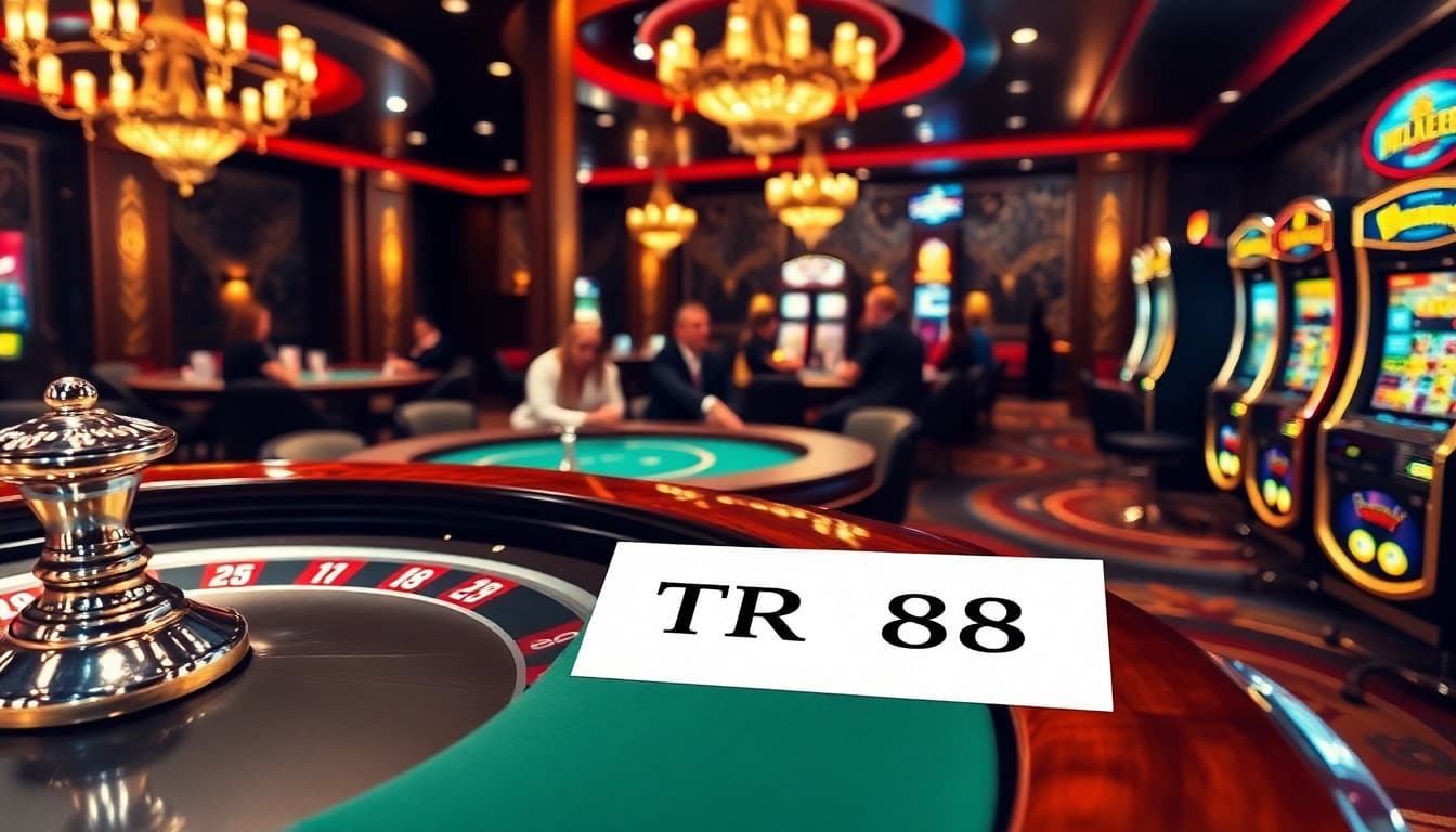 TR88 betting slip among exciting casino tables, poker chips, and a roulette wheel in a vibrant ambiance.