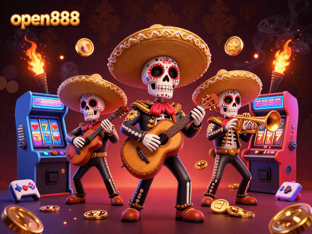 Engage with the vibrant open888 casino scene featuring a lively mariachi band and slot elements.