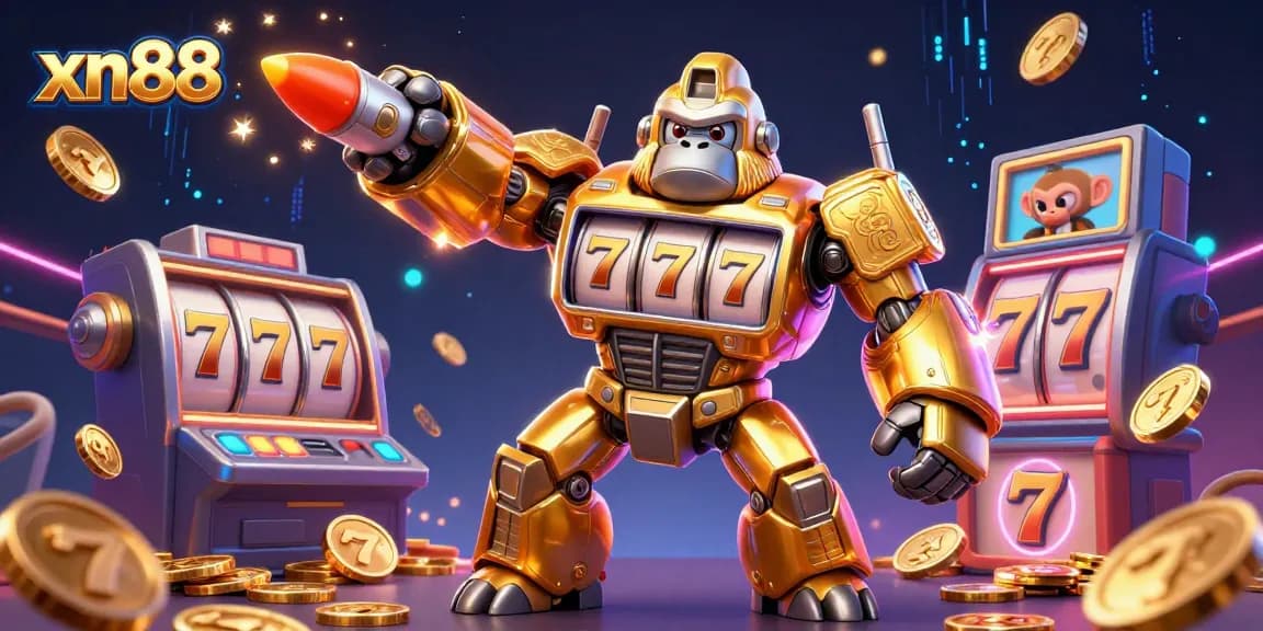 Win big with xn88 in this vibrant 3D casino illustration featuring a golden gorilla mech and exhilarating slot game elements.