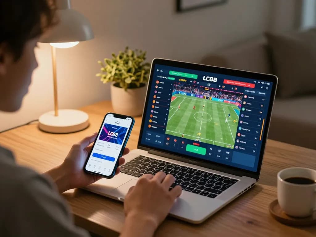 Engaged gambler using LC88 app for sports betting while studying odds at home.