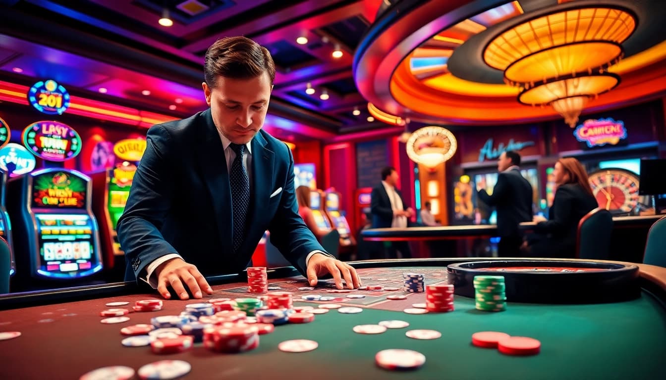 Engaging casino scene with poker chips and cards highlighting https://nohu90.pink/ gaming excitement.