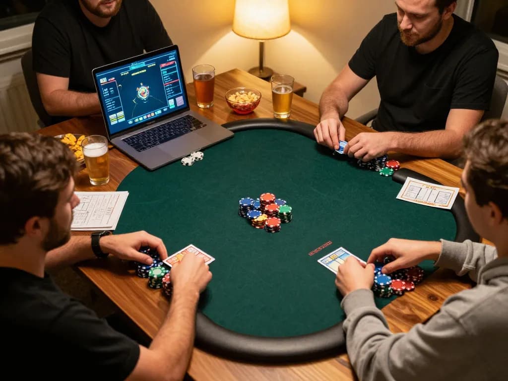 Players strategizing in a lively online poker game at lv88, showcasing chips and game interfaces.