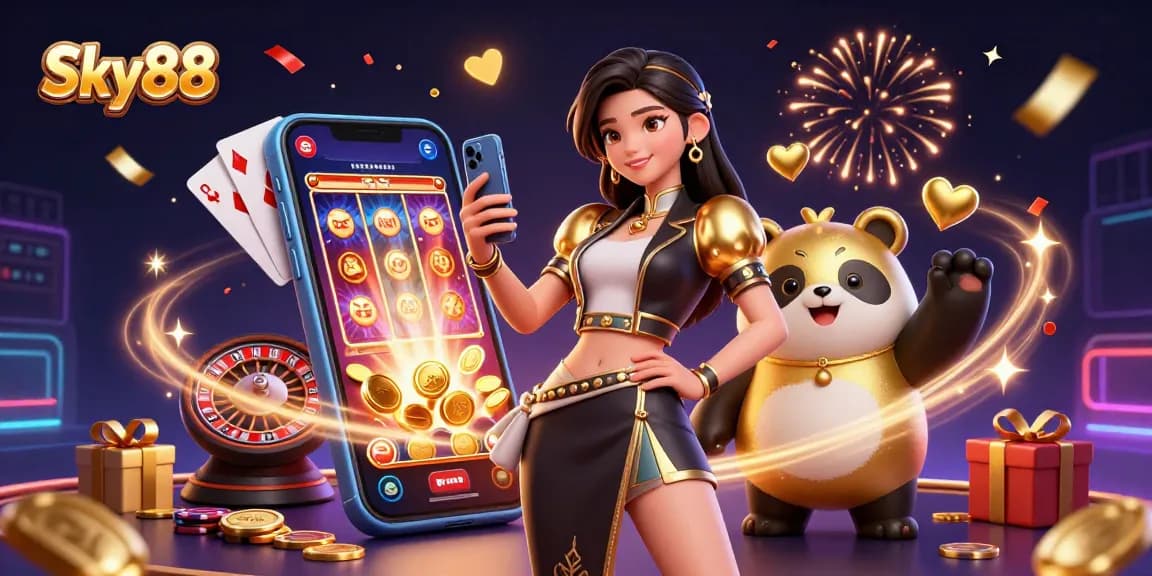 Experience the excitement of Sky88 with an Asian woman showcasing a casino game on her smartphone alongside a golden panda.