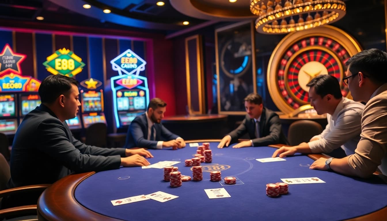 Engaged players at the Ee88 poker table in a vibrant casino setting.