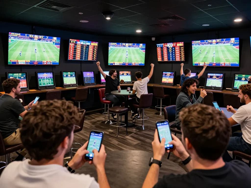Watch bettors engaged in real-time betting actions for 68 win games at a lively sports bar.
