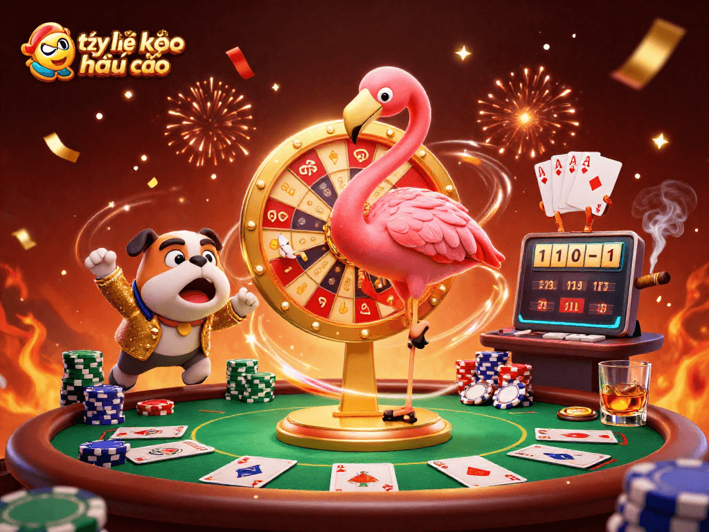 Spin the giant prize wheel with tỷ lệ kèo nhà cái as a dazzling 3D casino scene unfolds.