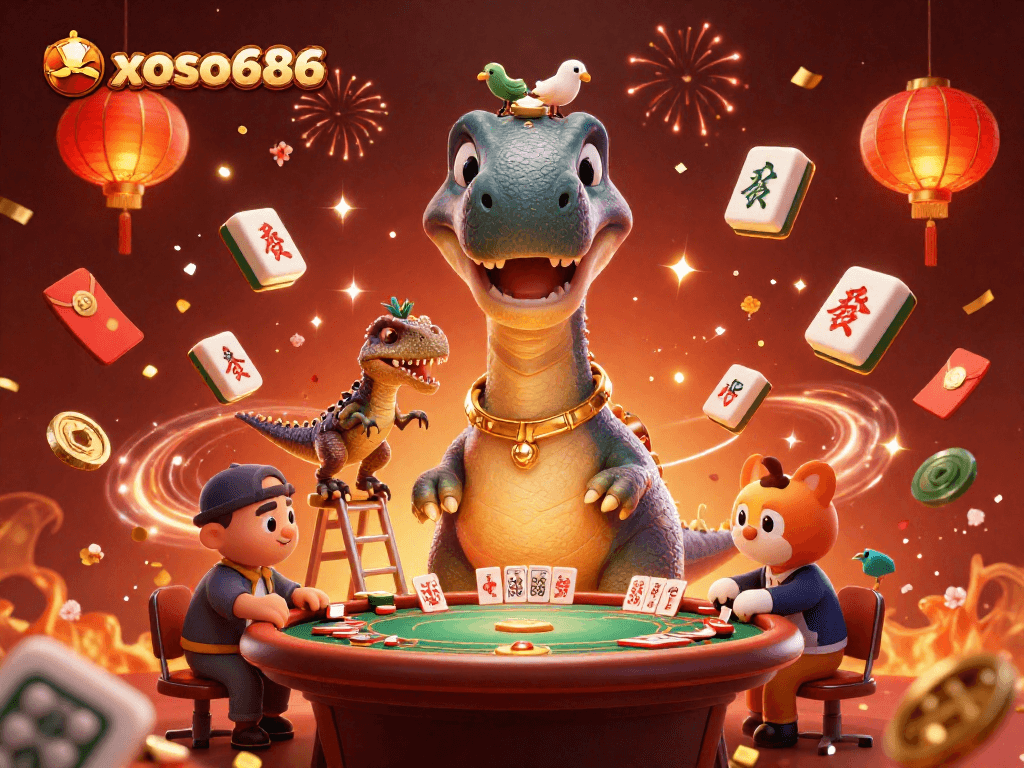 Experience thrilling gaming at xoso686 with a playful scene of a dinosaur and clever raptor dealing cards.