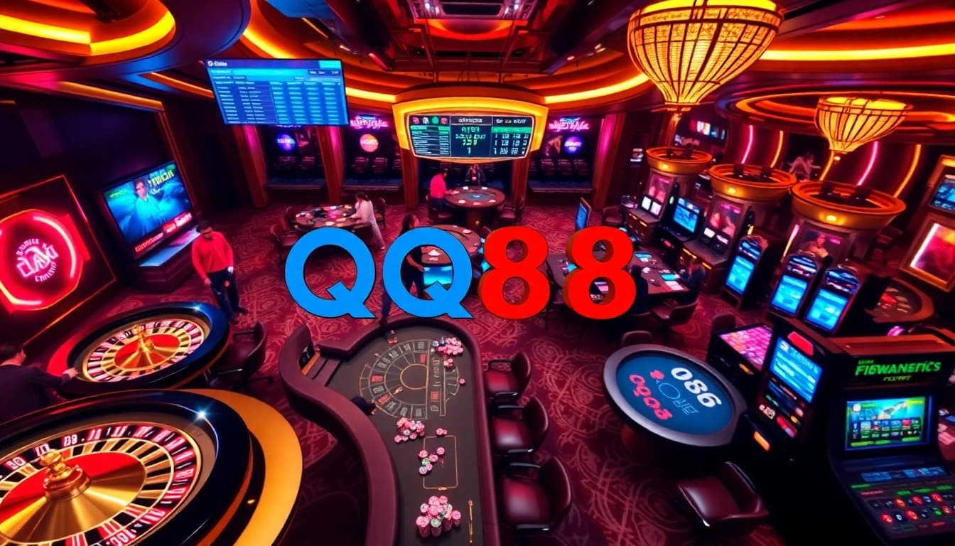 Experience thrilling QQ88 casino action with vibrant games and excited players engaged in a high-stakes atmosphere.
