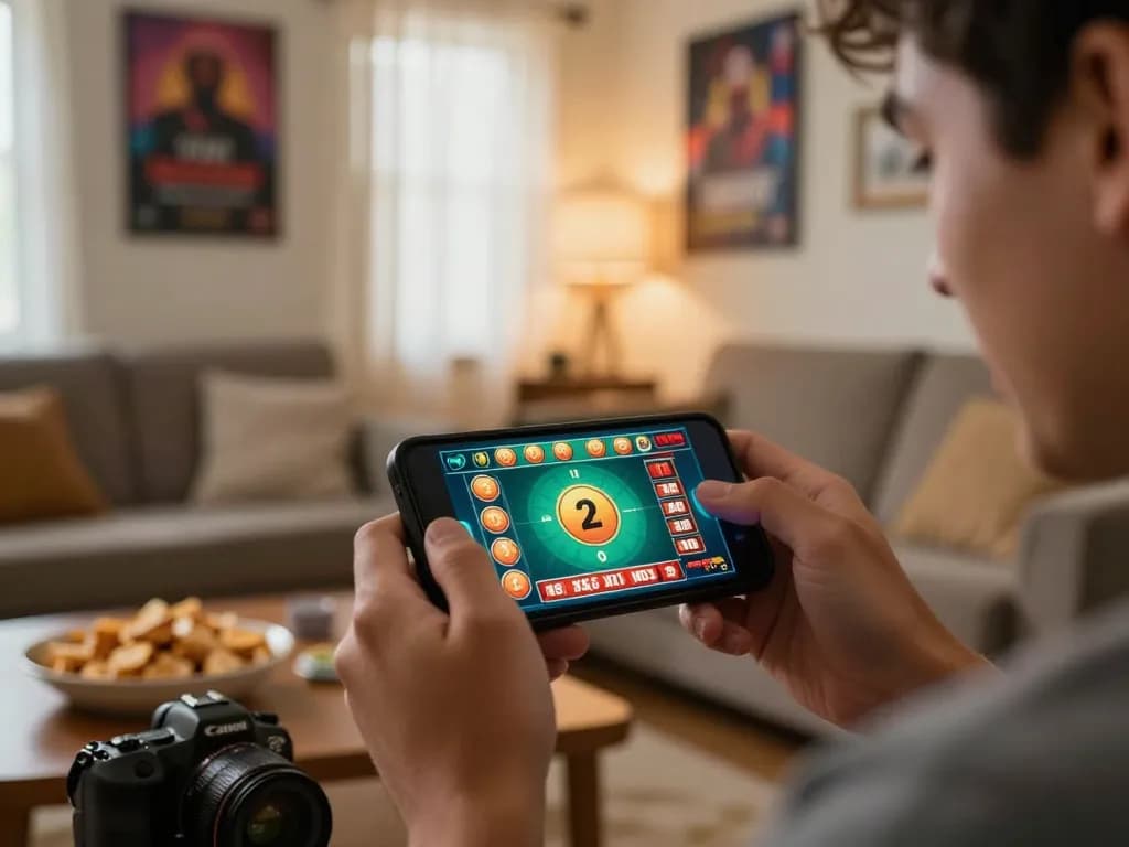 Engage in Tài Xỉu MD5 game using smartphone in cozy home setting, showcasing mobile gambling excitement.