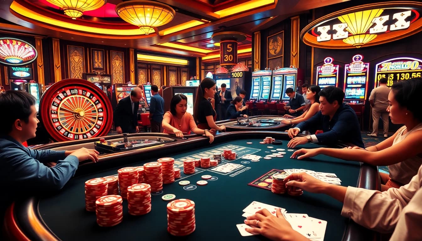 Players enjoying a vibrant casino atmosphere with NOHU90, featuring poker and slot machines.