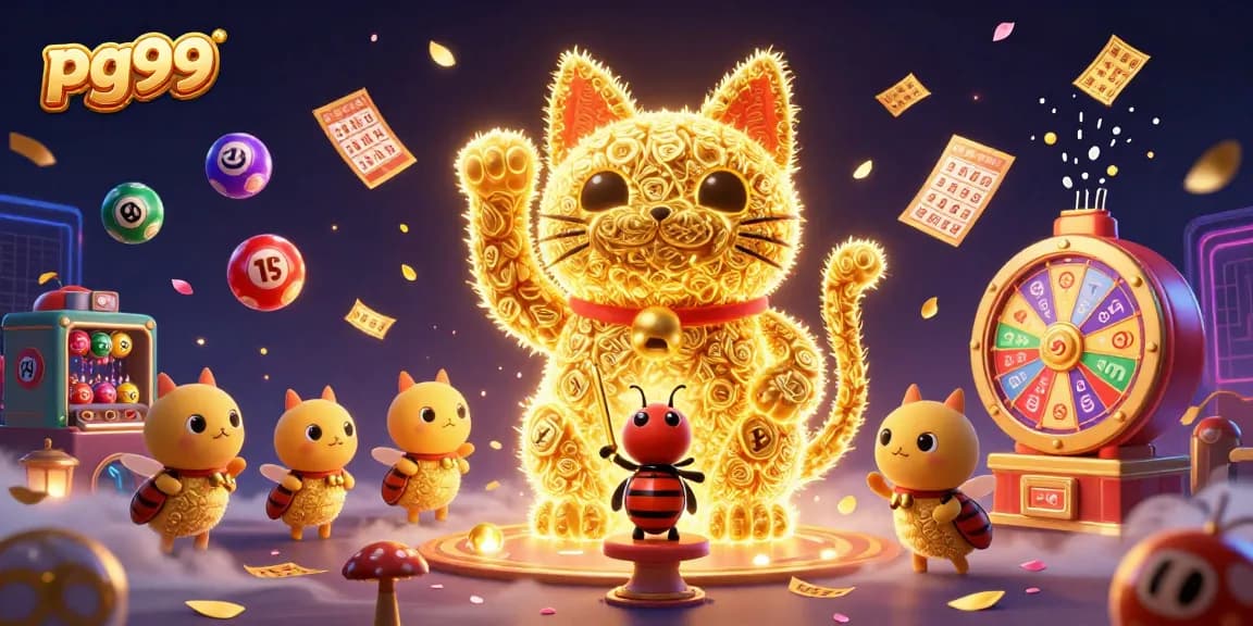 Experience the vibrant energy of pg99 with colorful lottery elements and a giant lucky cat illustration.