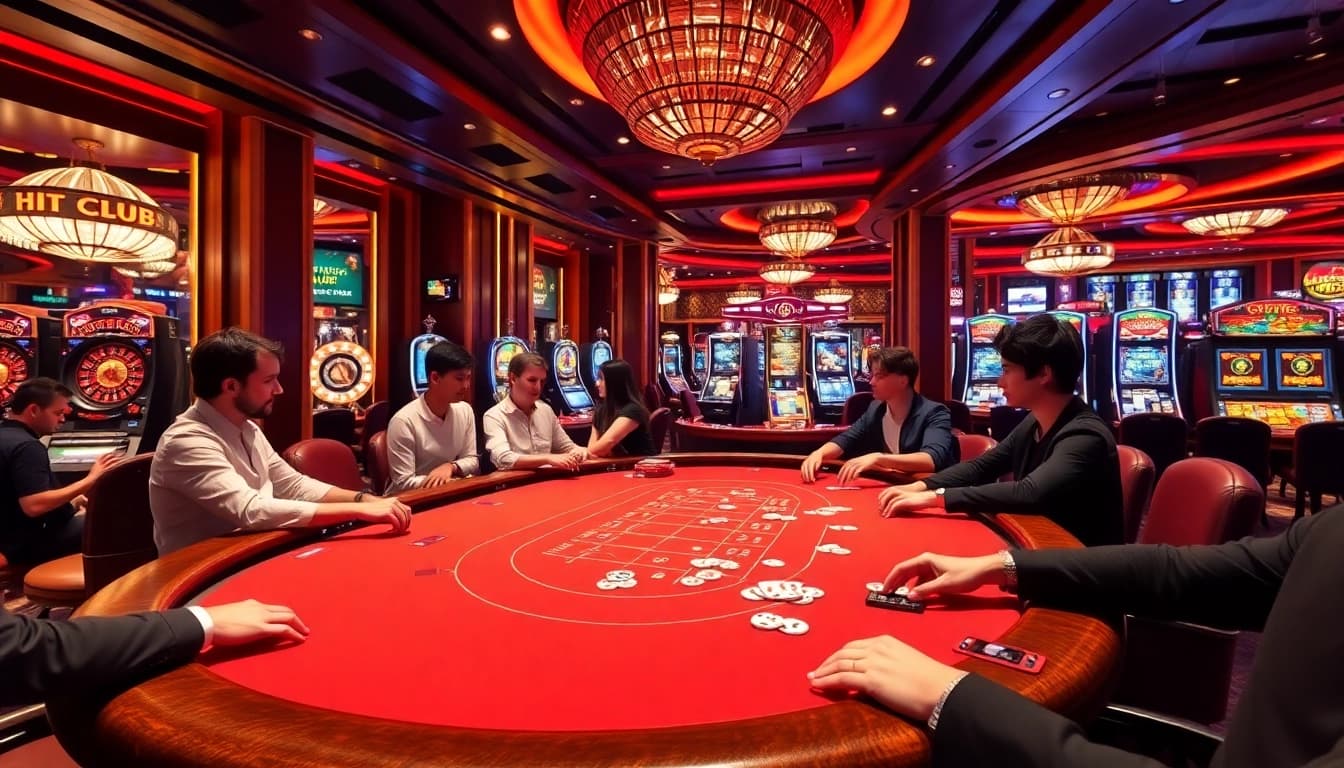 Engaged players enjoy a high-stakes poker game at the hit club, showcasing excitement in a luxury casino.