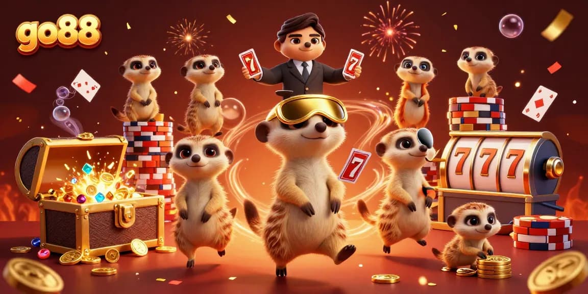 Experience the excitement of go88 with meerkats in a vibrant casino scene, featuring immersive elements like slot reels and celebrations.