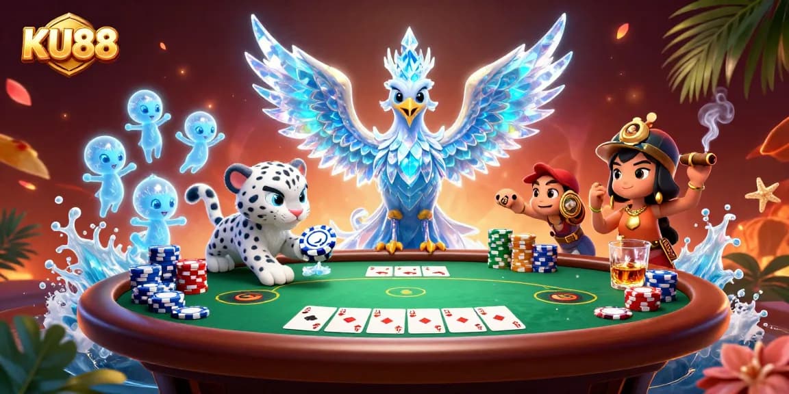 Experience thrilling moments with KU88 at a vibrant casino, featuring colorful poker elements and a captivating phoenix.