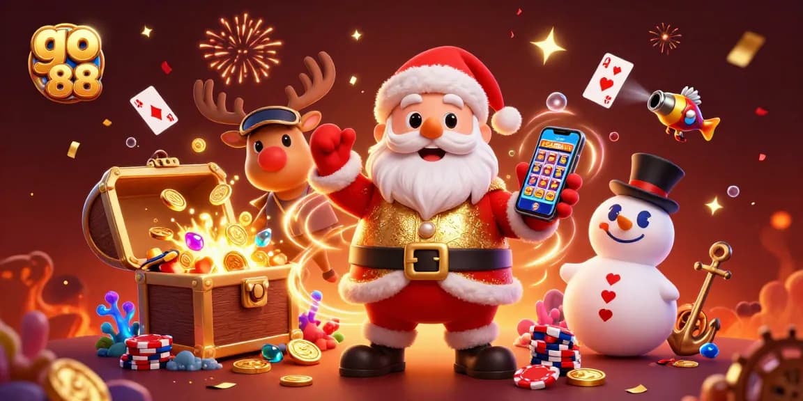 Experience the thrills of go 88 with Santa and friends celebrating jackpot wins in a vibrant casino.