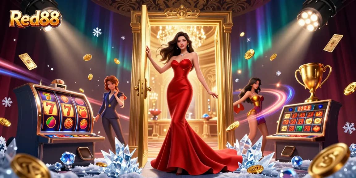 Experience the thrill of Red88 with a glamorous casino scene featuring exciting slot elements and vibrant energy.