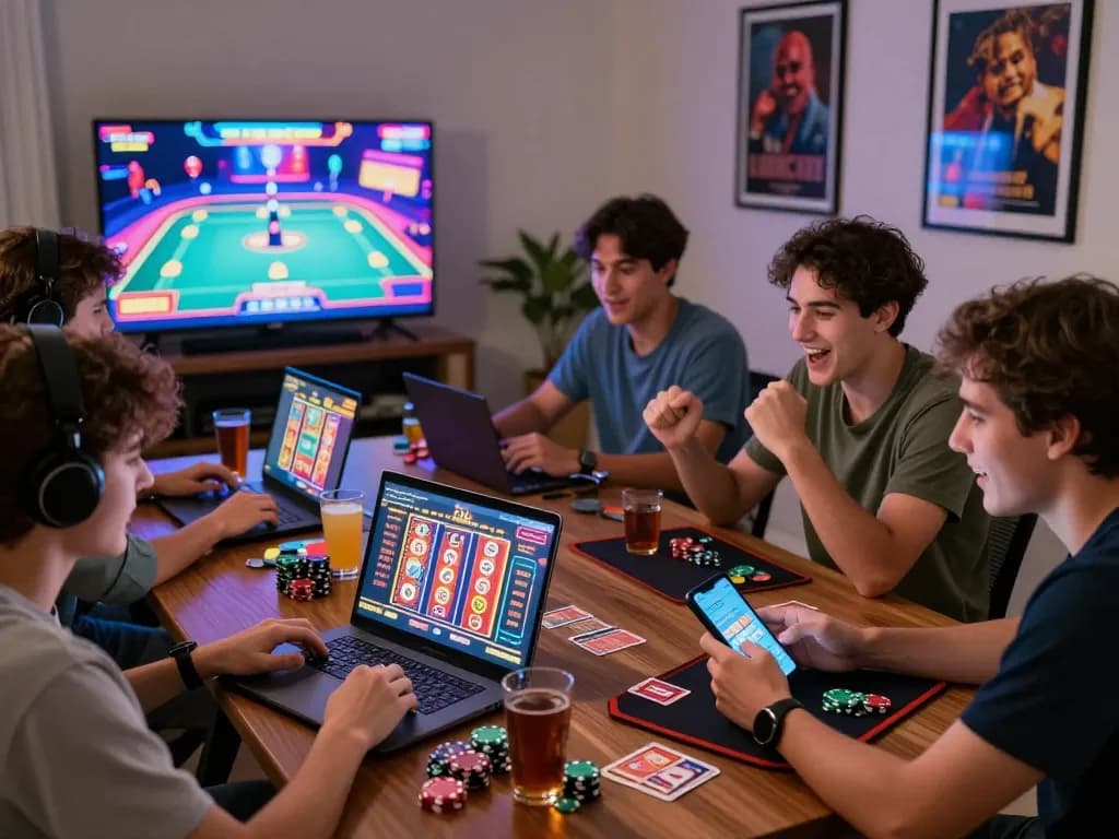 Excited friends enjoying online gaming on 73h.br.com in a cozy setting.