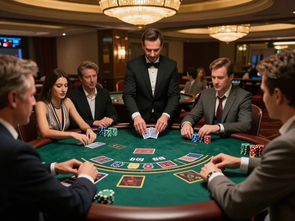 Players engaging in strategic blackjack at a high-end casino table, showcasing the excitement of mb66.