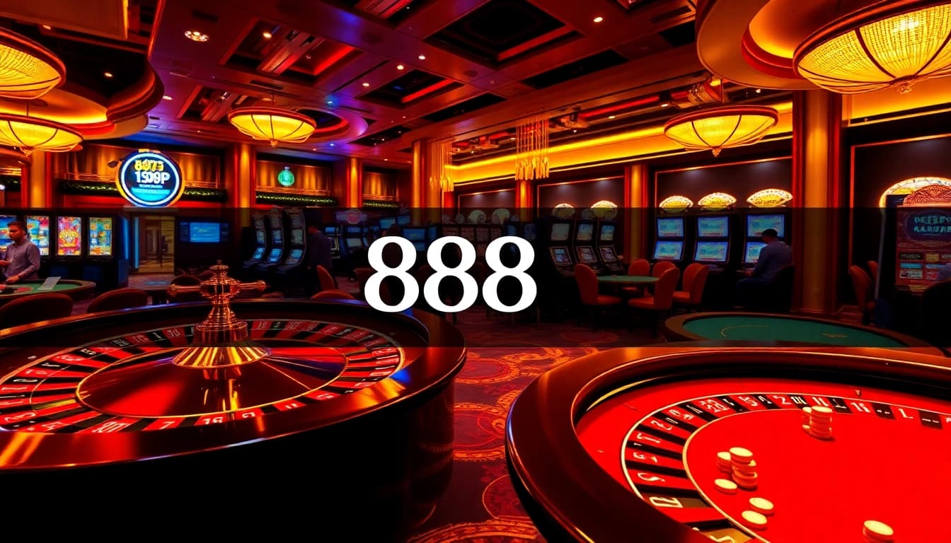 Experience the thrill of link 888P with players at vibrant casino tables and spinning roulette wheels.
