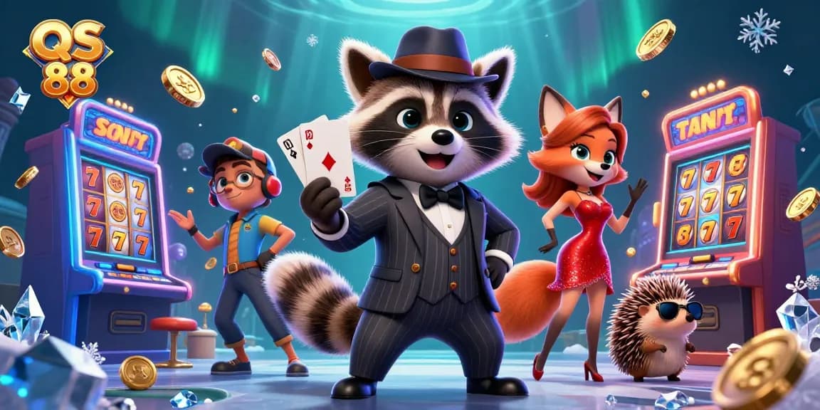 Experience the excitement of QS 88: a raccoon, fox, and hedgehog in a vibrant casino scene.