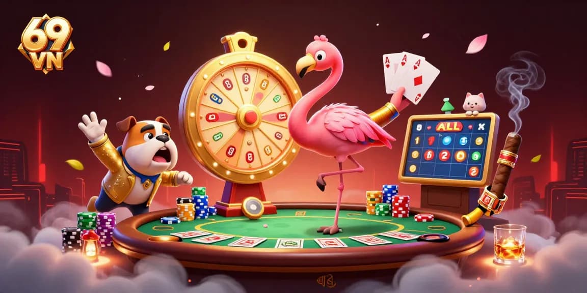 Join the excitement at 69 VN with a vibrant casino-themed scene full of prizes and playful energy.