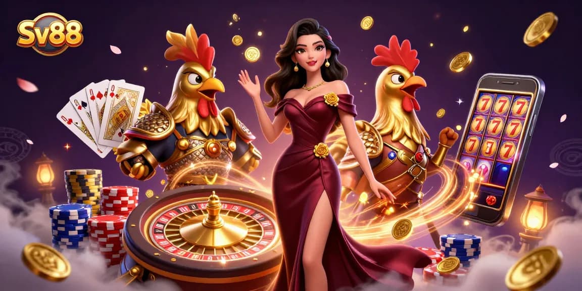 Experience thrilling gameplay at Sv88, featuring glamorous characters and dynamic casino elements in a vibrant 3D illustration.