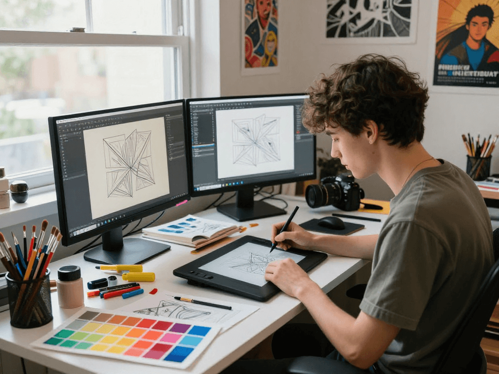 Artist creating digital designs in a vibrant studio, focused on ia +18 graphic projects.